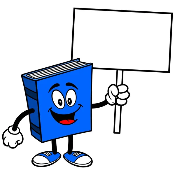 Libro Blu Con Segno Cartone Animato Illustrazione Una Mascotte Del — Vettoriale Stock