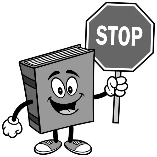 Libro Con Segno Stop Illustrazione Cartone Animato Illustrazione Una Mascotte — Vettoriale Stock