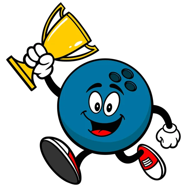 Bowling Bal Lopen Met Een Trofee Een Cartoon Illustratie Van — Stockvector