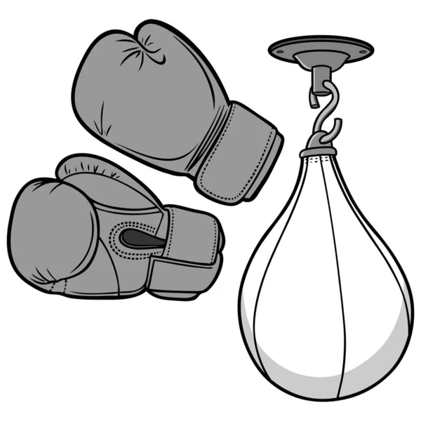 Boxing Equipment Illustration - A cartoon illustration of a pair of Boxing Gloves and a Punching Bag.