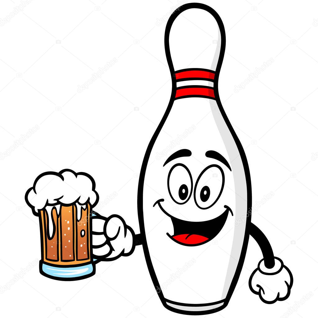 Bowling Pin with a mug of Beer - A cartoon illustration of a Bowling Mascot.