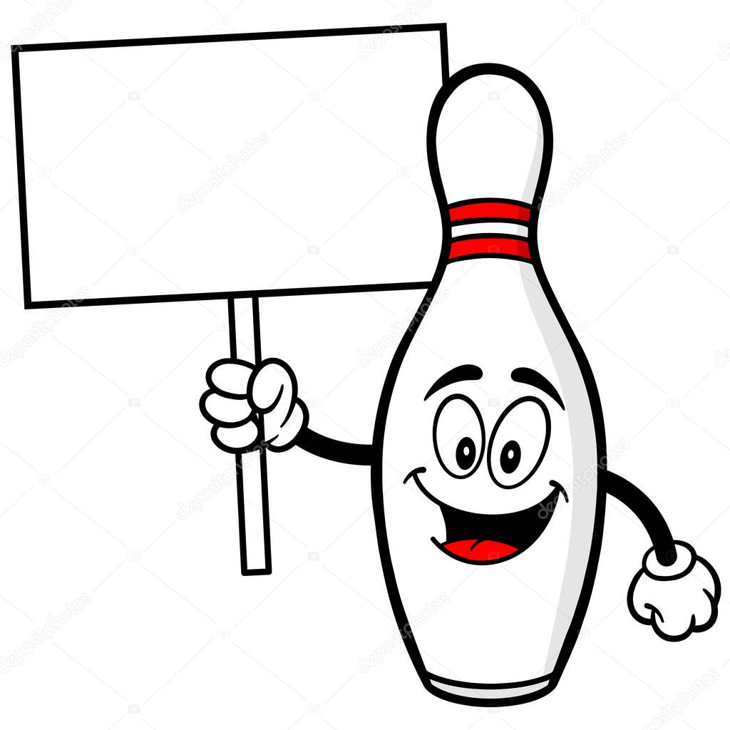 Bowling Pin with a Sign - A cartoon illustration of a Bowling Mascot.
