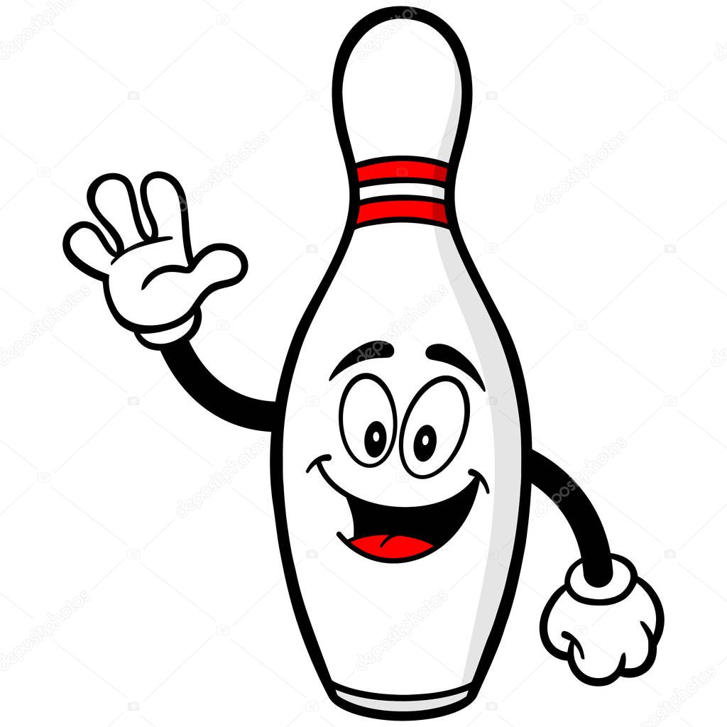 Bowling Pin Waving - A cartoon illustration of a Bowling Mascot.