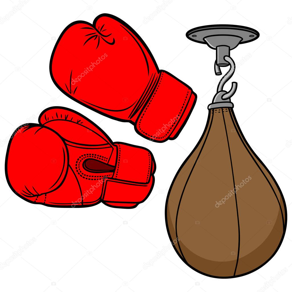 Boxing Equipment - A cartoon illustration of a pair of Boxing Gloves and a Punching Bag.