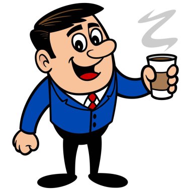 Kahve ile İşadamı - Bir İşadamı Maskot bir karikatür illüstrasyon.