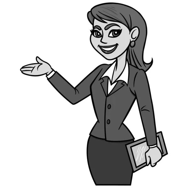 Business Lady Tablet Illustration Uma Ilustração Dos Desenhos Animados Uma — Vetor de Stock