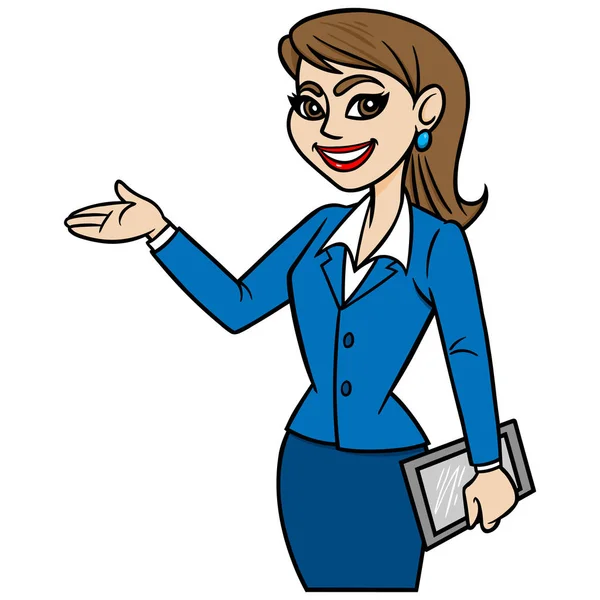 Business Lady Tablet Uma Ilustração Dos Desenhos Animados Uma Senhora — Vetor de Stock