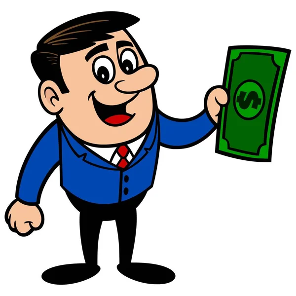ドルを持つビジネスマン ビジネスマンマスコットの漫画のイラスト — ストックベクタ