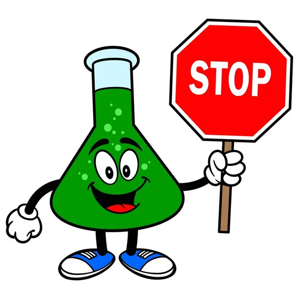 化学烧瓶与停止标志 化学烧瓶吉祥物的卡通插图 — 图库矢量图片