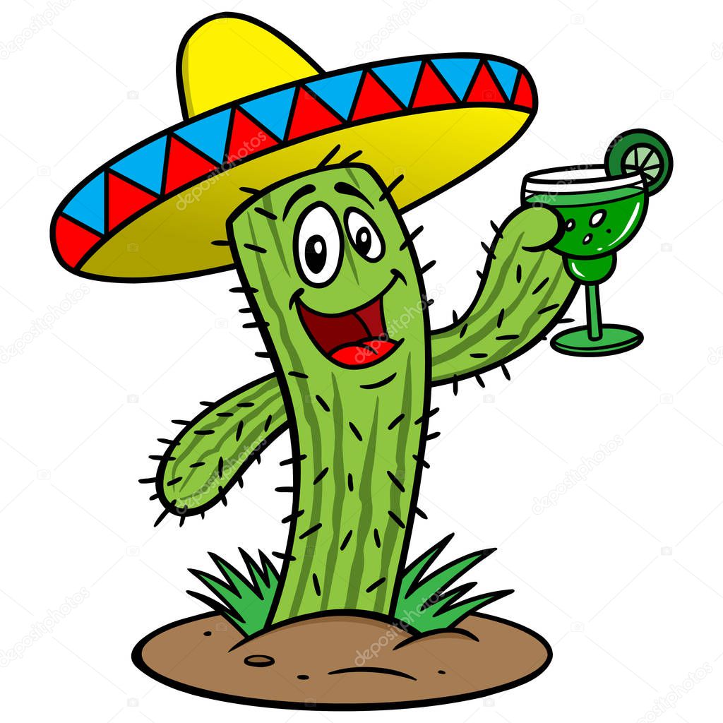 Cactus with a Margarita - A cartoon illustration of a Cactus with a Margarita.