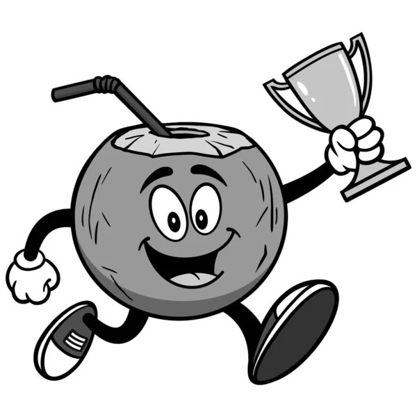 Kokoswater Lopen Met Een Trofee Illustratie Een Cartoon Illustratie Van — Stockvector