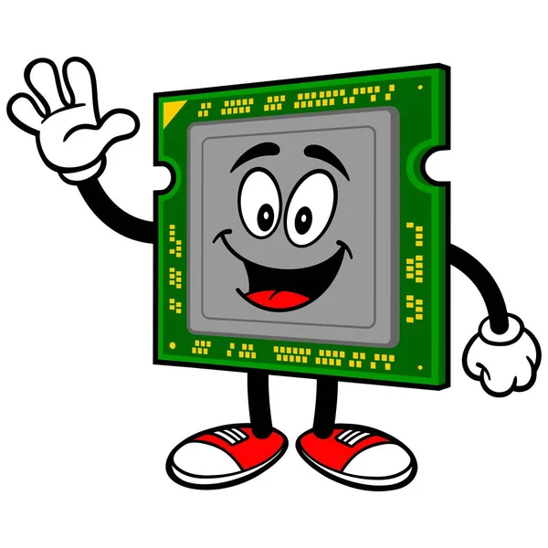 Počítačová Procesorová Mávání Kreslená Ukázka Počítačového Maskota — Stockový vektor