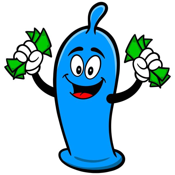 Condom with Money - A cartoon illustration of a Condom Mascot.