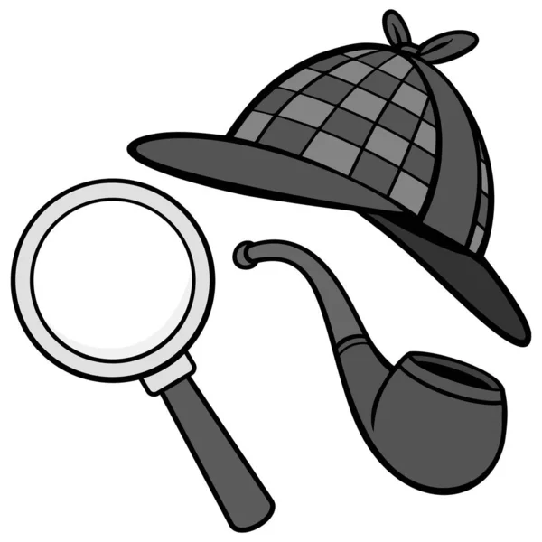 Ilustración Del Sombrero Tubería Lupa Del Detective Una Ilustración Dibujos — Vector de stock