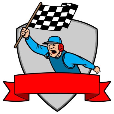 Finish Line Insignia - bir afiş ile damalı bayrak sallayarak bir adam bir karikatür illüstrasyon.