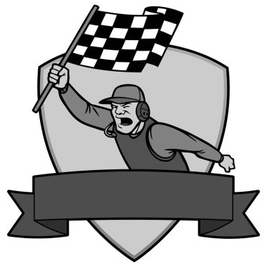Finish Line Insignia İllüstrasyon - bir afiş ile damalı bayrak sallayarak bir adam bir karikatür illüstrasyon.