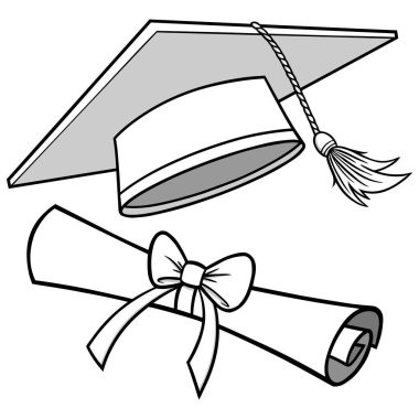 Mezuniyet Şapkası ve Diploma İllüstrasyon - Mezuniyet Şapkası ve Diplomasının karikatür illüstrasyonu.