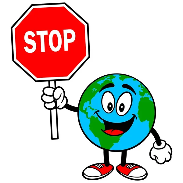 Earth Mascot Stop Sign Cartoon Illustration Earth Mascot — Stock Vector