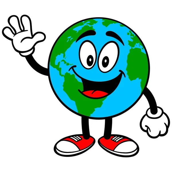 Earth Mascot Waving Cartone Animato Illustrazione Una Mascotte Della Terra — Vettoriale Stock