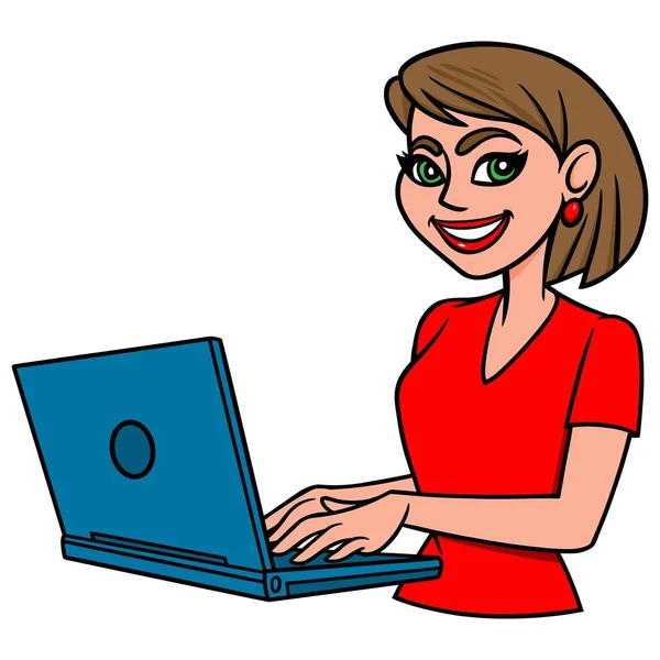 Blogueiro Feminino Uma Ilustração Dos Desenhos Animados Blogueiro Feminino Laptop — Vetor de Stock