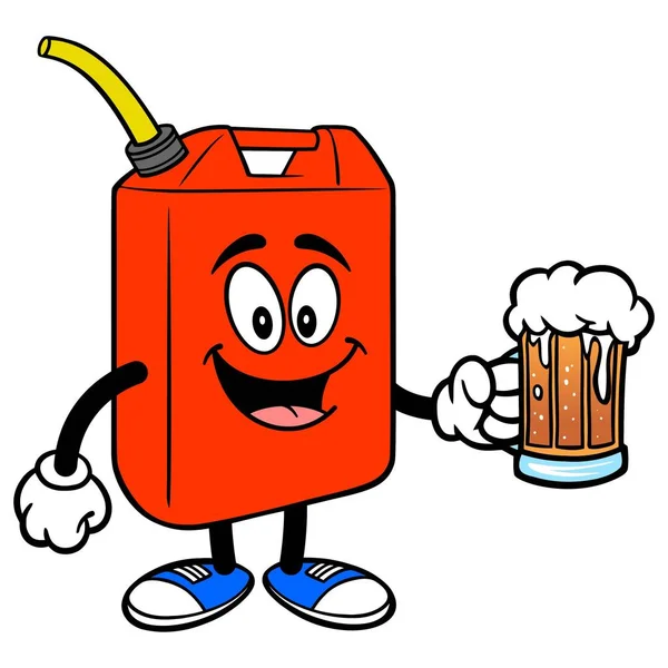Benzine Kan Met Een Mok Van Bier Een Cartoon Illustratie — Stockvector