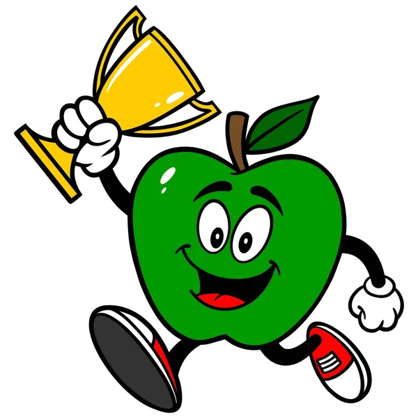 Pomme Verte Courir Avec Trophée Une Illustration Bande Dessinée Une — Image vectorielle