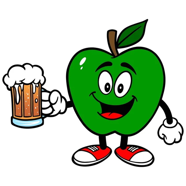 Grüner Apfel Mit Einem Becher Bier Eine Zeichentrickillustration Eines Grünen — Stockvektor