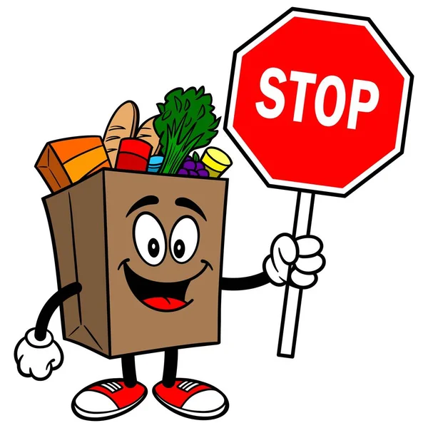 Grocery Bag with a Stop Sign - A cartoon illustration of a Grocery Bag Mascot.