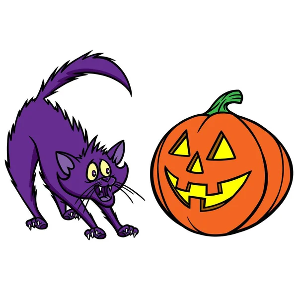Halloween Kot Ilustracja Kreskówka Halloween Dyni Przerażony Kot — Wektor stockowy