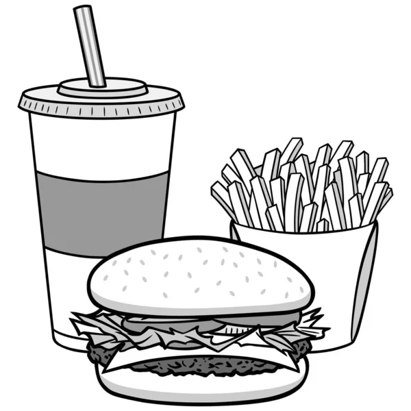 Hamburger Combo Llüstrasyon Hamburger Patates Kızartması Soda Bir Karikatür Illüstrasyon — Stok Vektör