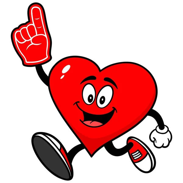 Herz Läuft Mit Schaumstoffhand Cartoon Illustration Eines Herzmaskottchens — Stockvektor