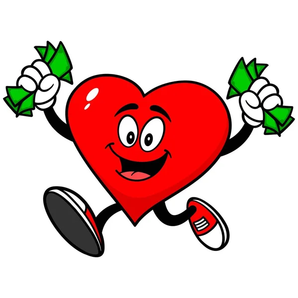 Szív Futás Pénzzel Rajzfilm Illusztrációja Heart Mascot — Stock Vector
