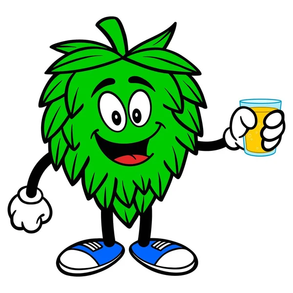 Hop Mascot Glass Beer Cartoon Illustration Hop Cone Mascot - Stok Vektor