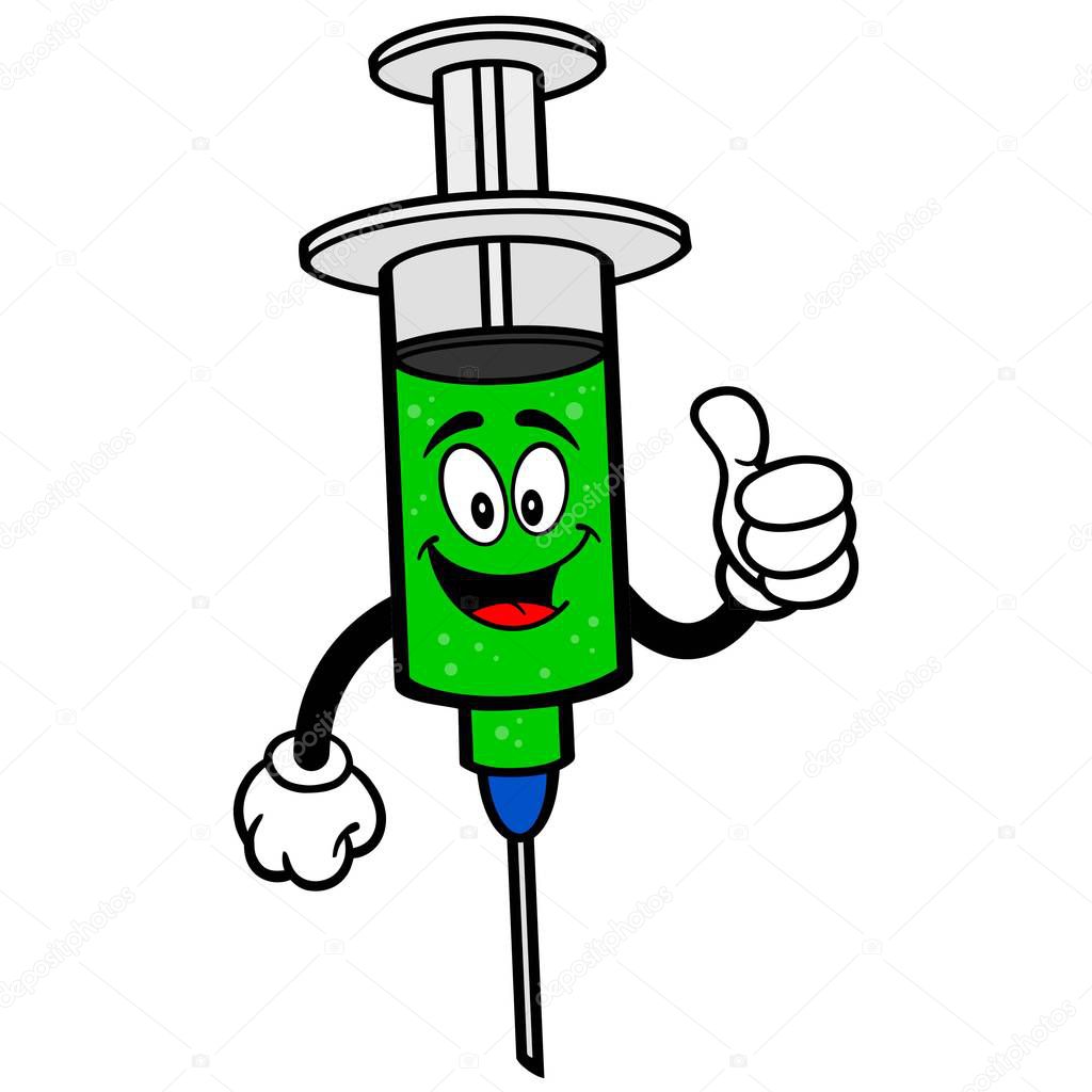 Flu Shot with Thumbs Up - A cartoon illustration of a Flu Shot Mascot.