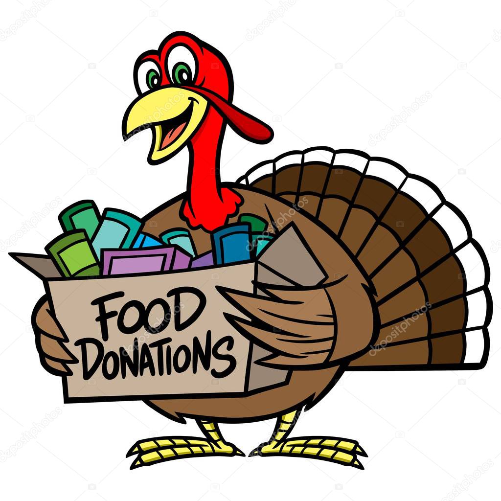 Food Donation - A cartoon illustration of a Turkey holding a Food Donation box.