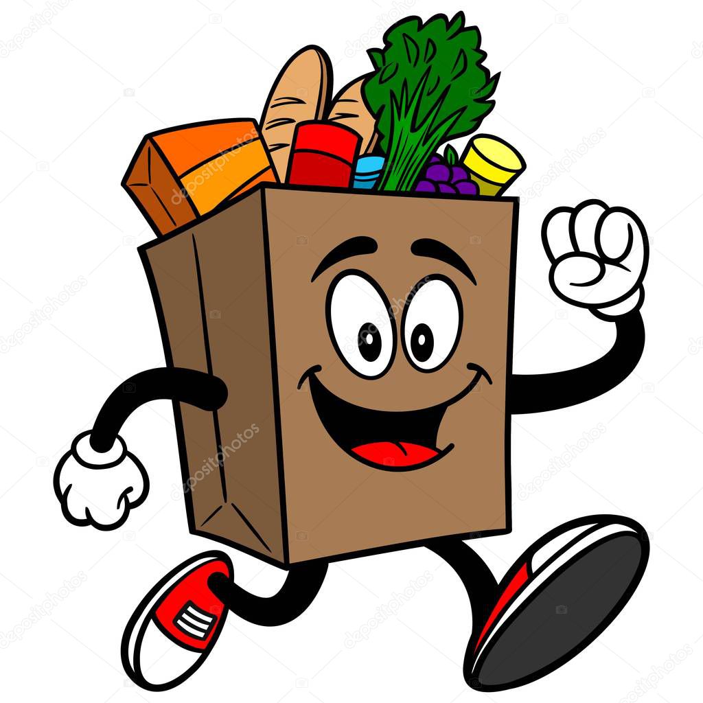 Grocery Bag Running - A cartoon illustration of a Grocery Bag Mascot.