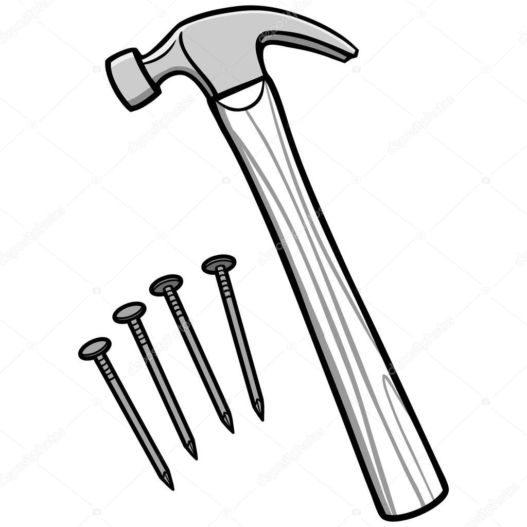 Hammer Illustration - A cartoon illustration of a hammer and nails.