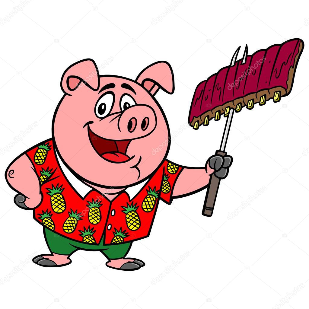 Hawaiian BBQ - A cartoon illustration of a Pig in a Hawaiian shirt with some BBQ ribs.