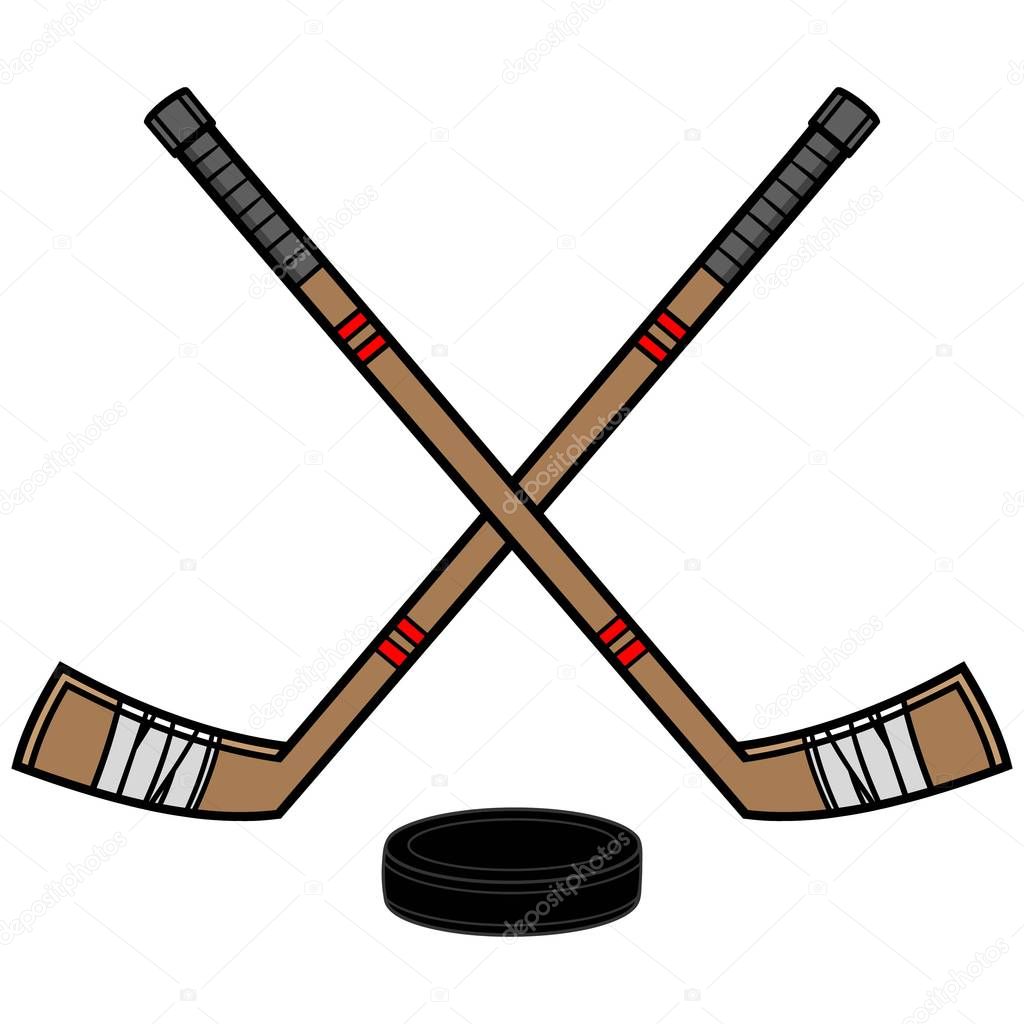 Hockey Sticks and Puck - A cartoon illustration of a pair of Hockey Sticks and a Puck.