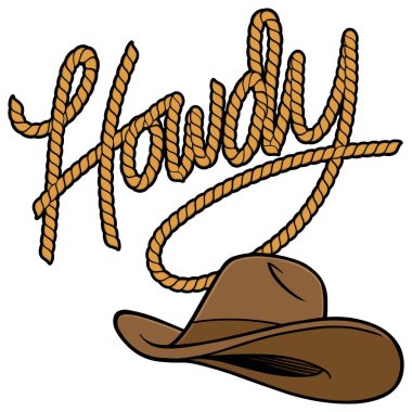 Howdy Cowboy Rope and Hat - Bir Cowboy Rope ve Hat bir karikatür illüstrasyon.
