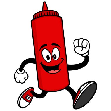 Ketchup Running - A cartoon illustration of a Ketchup bottle mascot. clipart