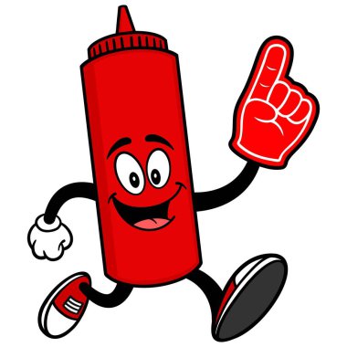 Ketchup Running with a Foam Hand - A cartoon illustration of a Ketchup bottle mascot. clipart