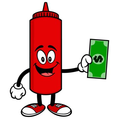 Bir Dolar ile Ketçap - Ketçap şişe maskotu bir karikatür illüstrasyon.