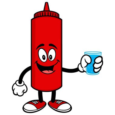 Su bir bardak ketçap - Ketçap şişe maskotu bir karikatür illüstrasyon.