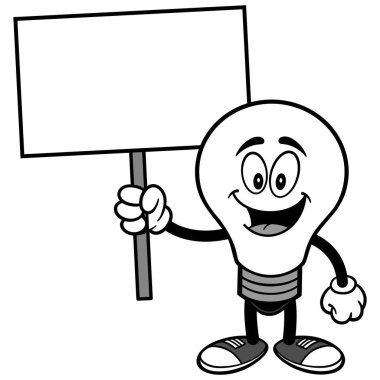 Bir İşaret ile Ampul - Bir Ampul Maskot bir karikatür illüstrasyon.