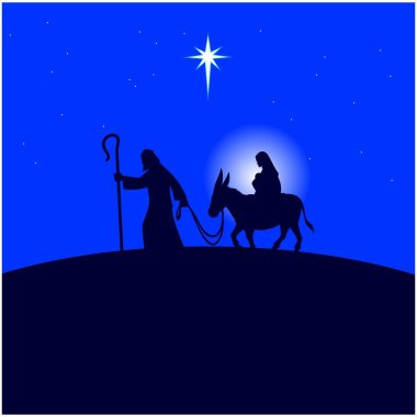 Anne Mary ve Joseph Mısır'a Flee - Bir Anne Mary, Joseph ve Bebek İsa bir karikatür illüstrasyon.