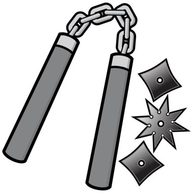 Nunchaku ve Atma Yıldız İllüstrasyon - Bir Nunchaku ve Atma Yıldız bir karikatür illüstrasyon.