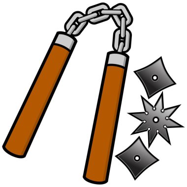 Nunchaku ve Atma Yıldız - Bir Nunchaku ve Atma Yıldız bir karikatür illüstrasyon.