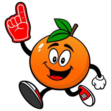 Bir Köpük El ile Turuncu Koşu - Turuncu Maskot bir karikatür illüstrasyon.