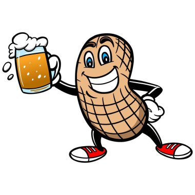 Fıstık ve Bira - Bir bira bir kupa ile Fıstık Maskot bir karikatür illüstrasyon.